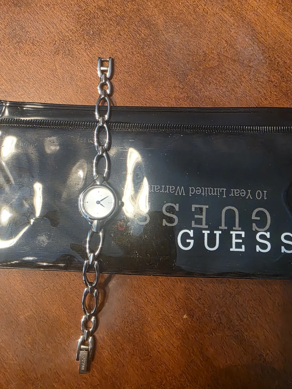 GUESS Vintage Silver Tone Dainty Chain Link Watch